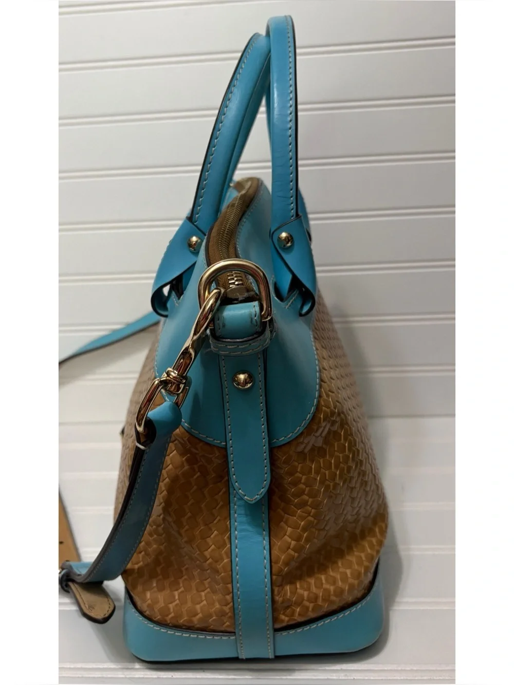 Dooney & Bourke Blue Leather Brown Woven Domed Satchel Shoulder Bag Purse Tote